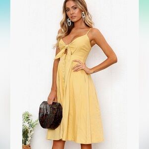 ECOWISH Sundress Tie Front V-Neck Spaghetti Strap A-Line Midi Butter Yellow L